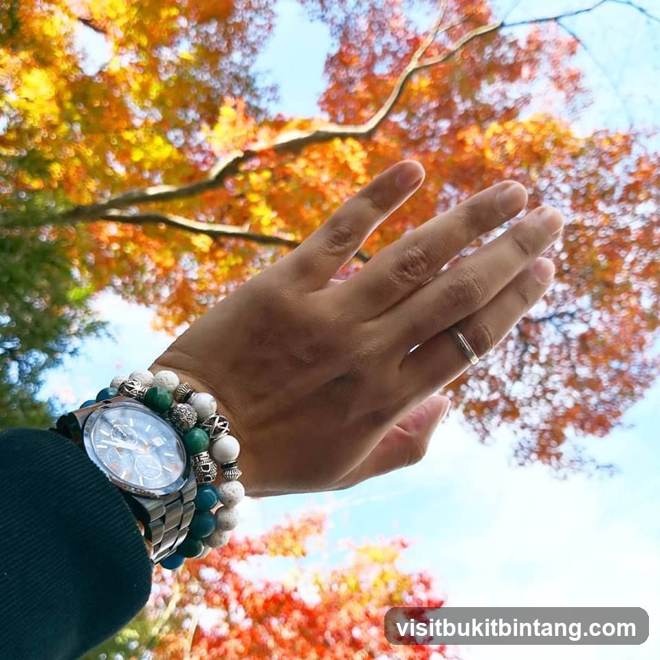 Hand with bracelets and watch against autumn foliage