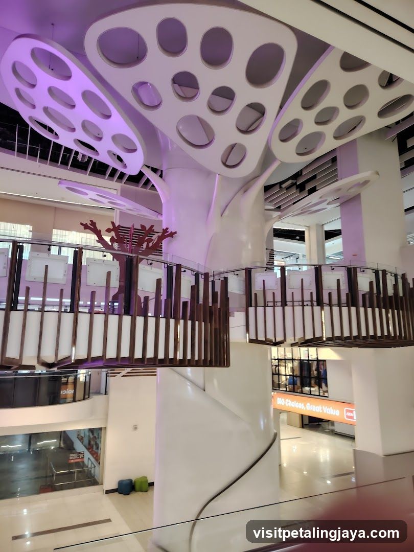 Interior of a modern building with unique ceiling design