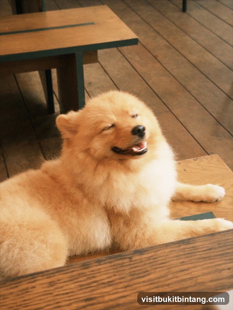 Fluffy dog resting on wooden floor