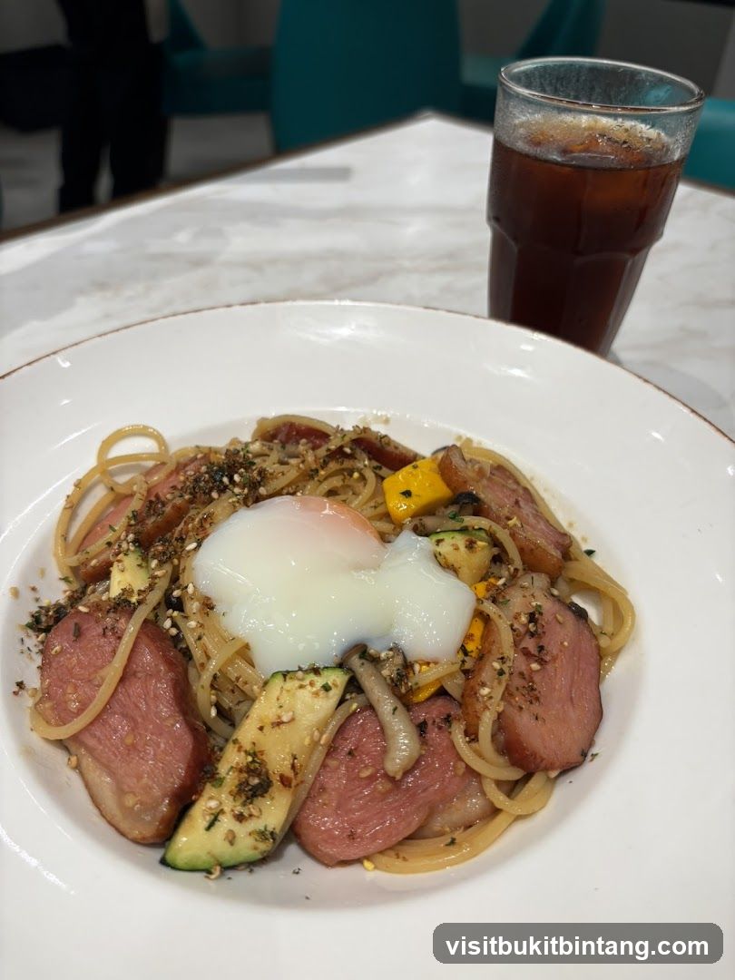 Spaghetti with Poached Egg and Sliced Meat
