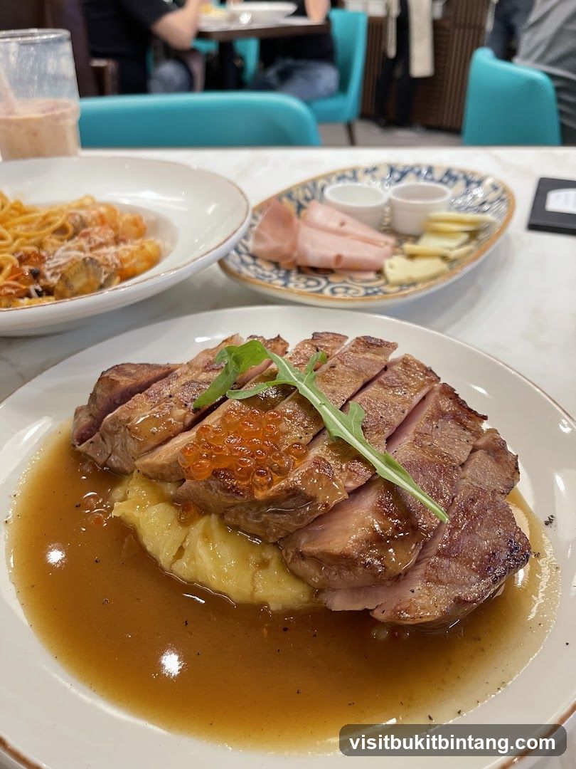 Sliced duck breast with mashed potatoes and sauce
