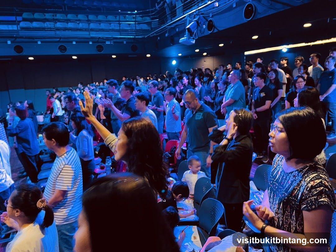 Congregation in a dimly lit hall