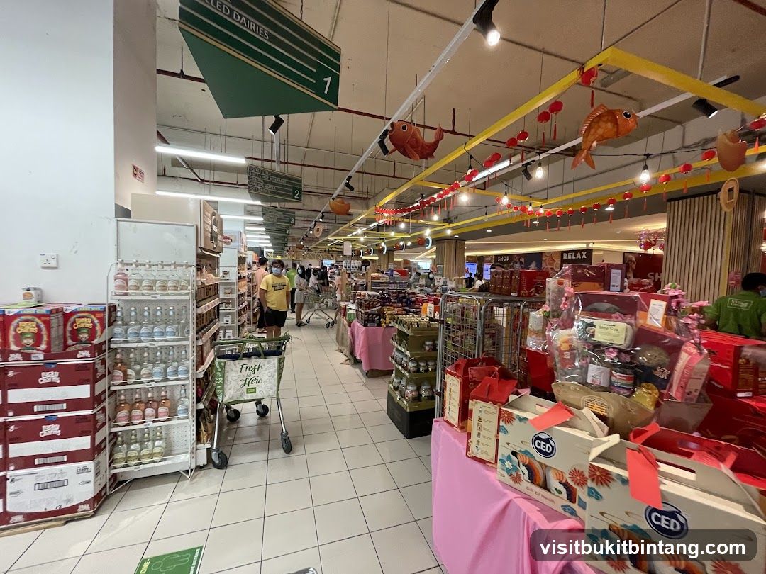 Supermarket aisle with festive decorations
