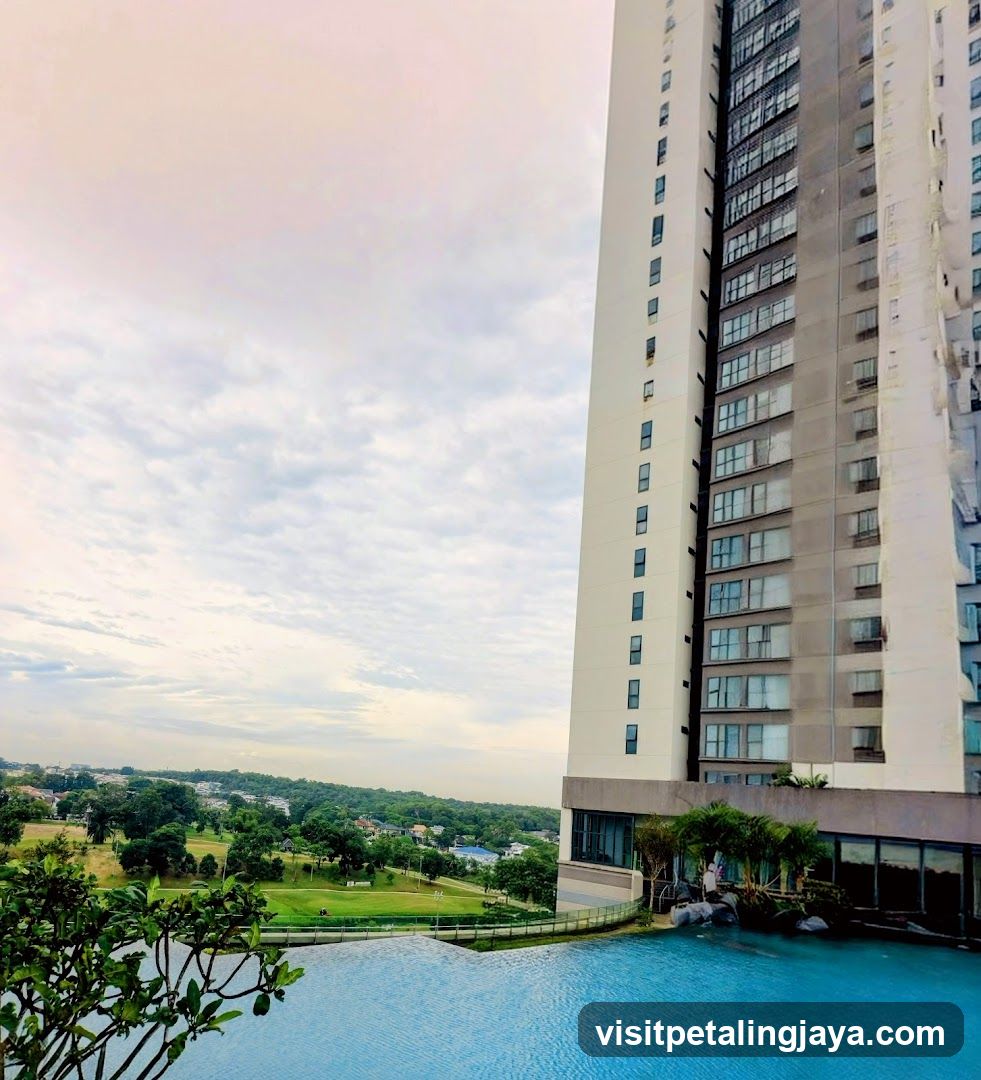 High-rise building with pool view