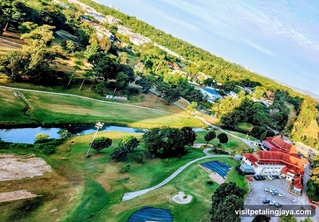 Aerial view of golf course and resort area