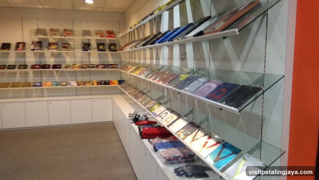 Interior of a retail store with glass display shelves