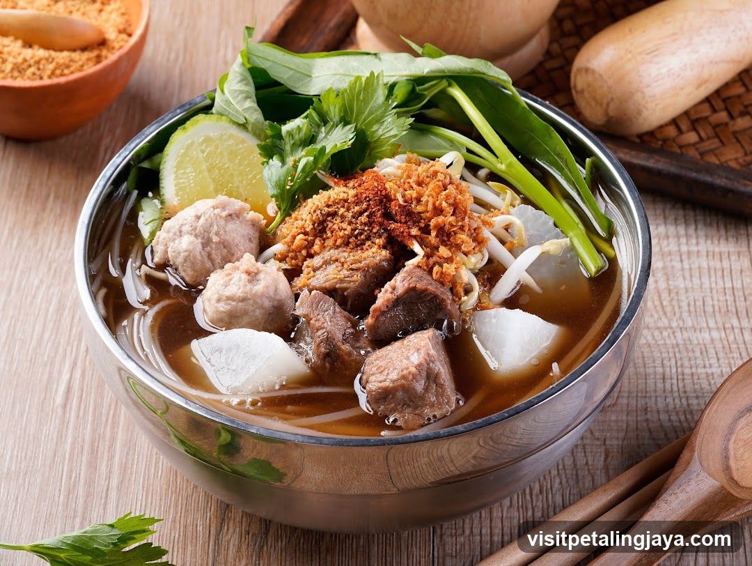 Bowl of Beef Noodle Soup with Garnishes