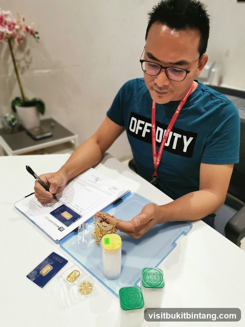 Man examining gold jewelry and bars