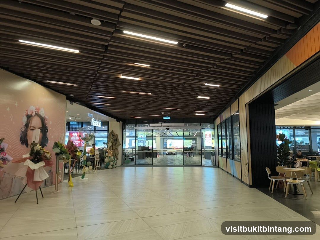 Indoor shopping mall corridor with storefronts