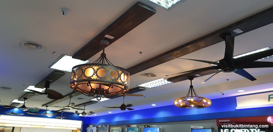 Ceiling with decorative lights and fans