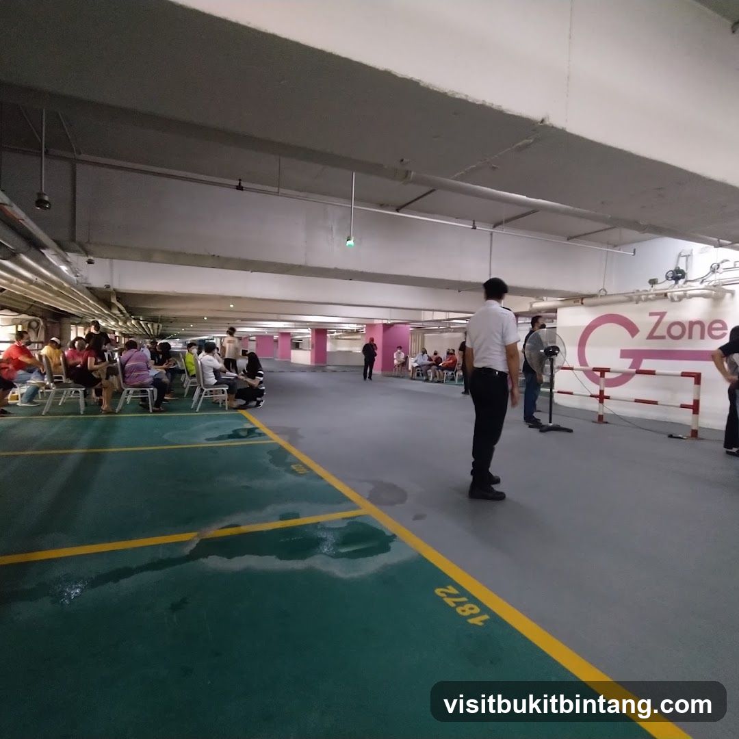 People waiting in a parking garage