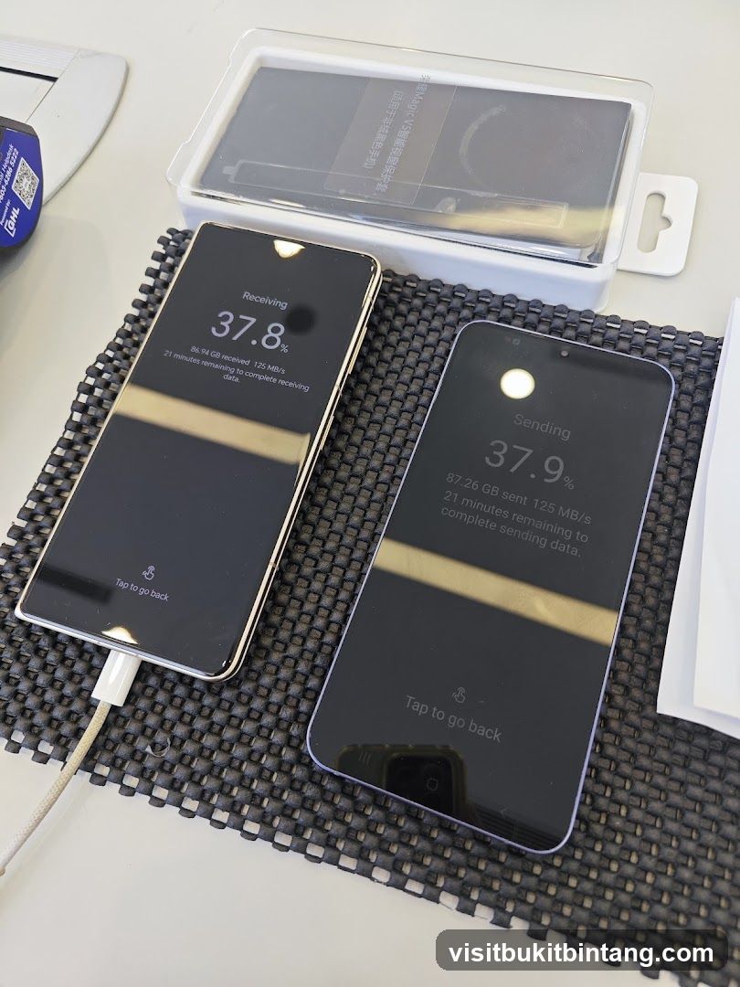 Two smartphones displaying data transfer progress
