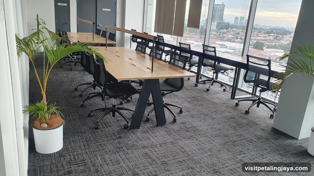 Modern Office Interior with Large Windows and Plants