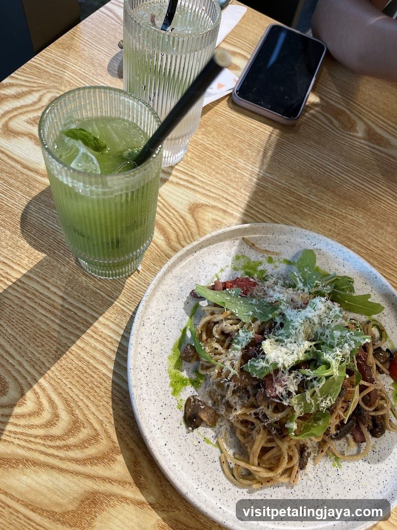 Pasta and Drinks on Wooden Table