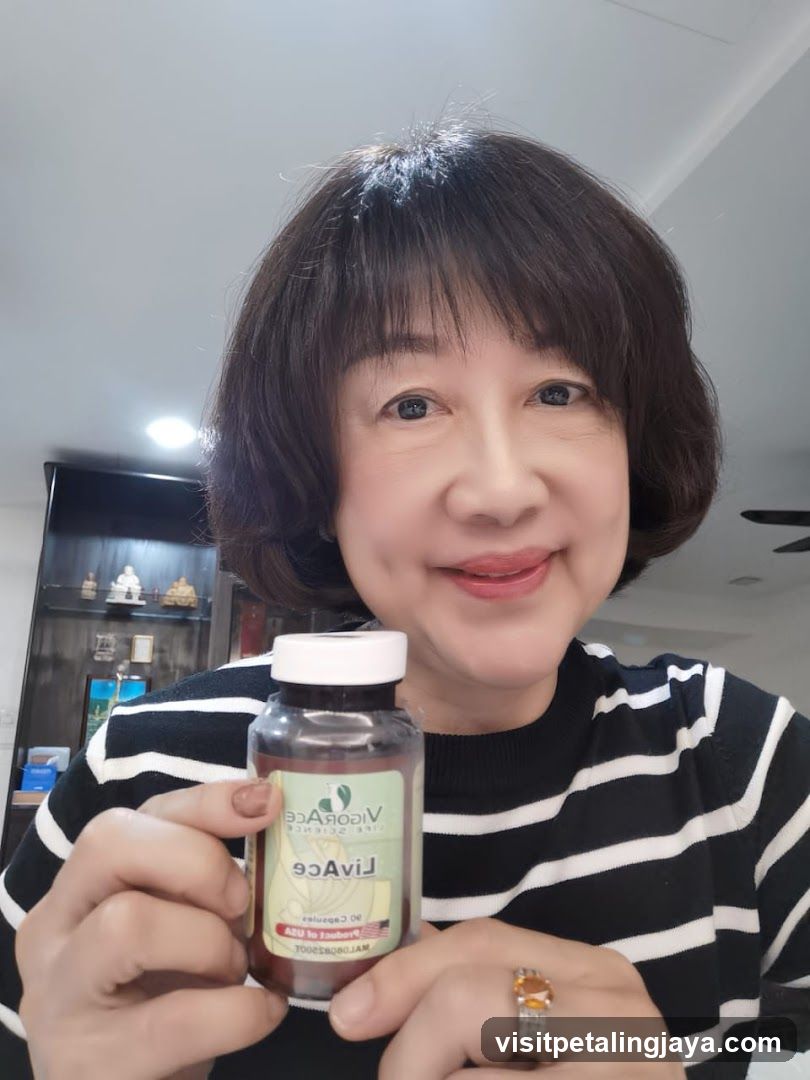 Woman holding a bottle of Livace supplements