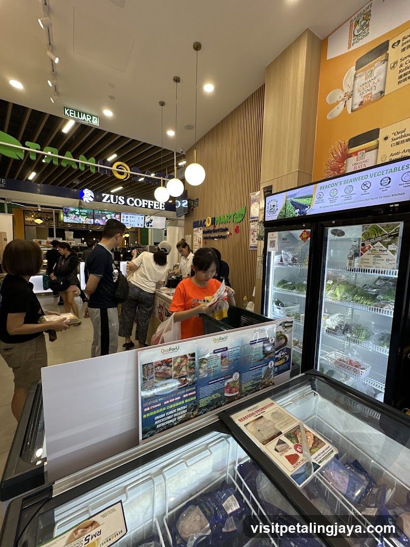 Grocery Store Interior with Refrigerated Sections and Customers