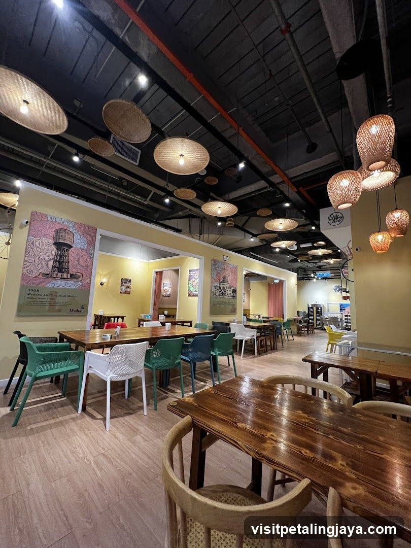 Restaurant Interior with Decorative Lighting and Tables