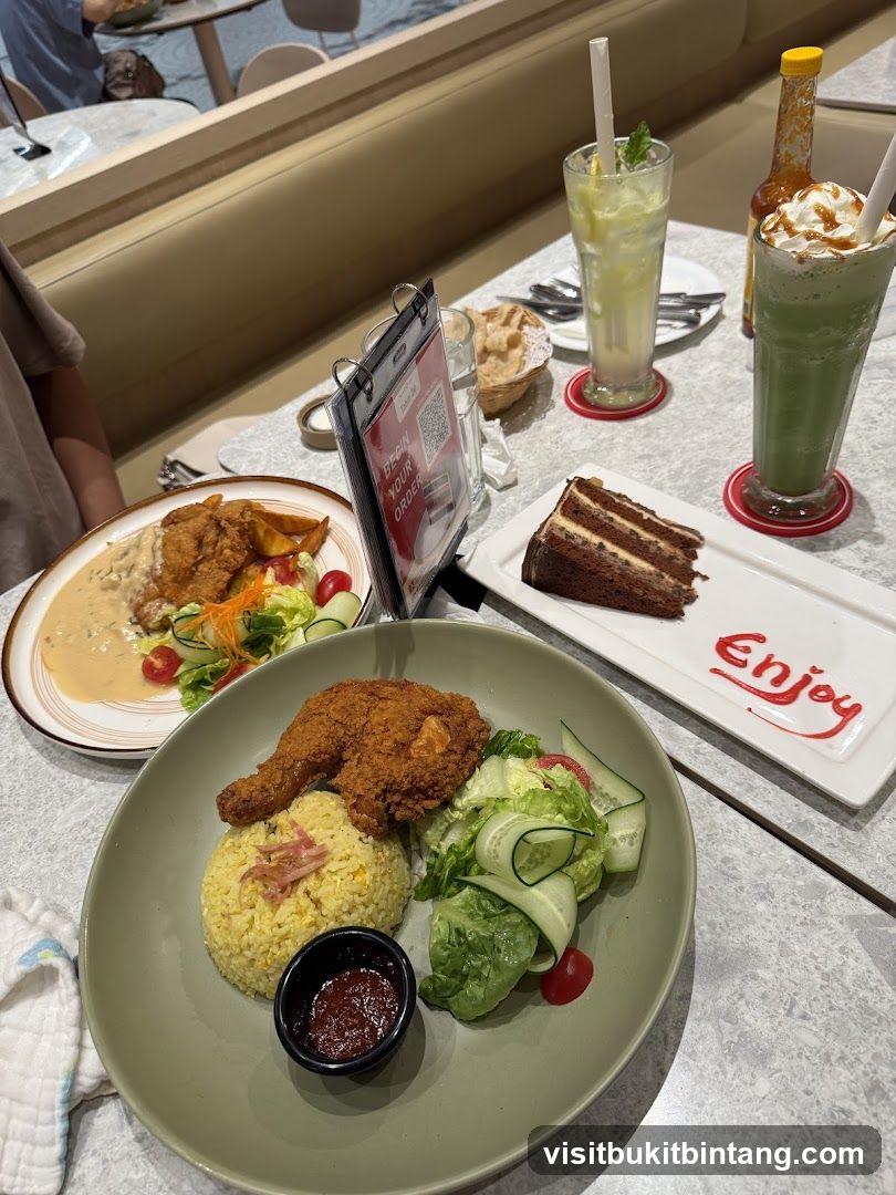Fried Chicken Meal with Drinks and Cake