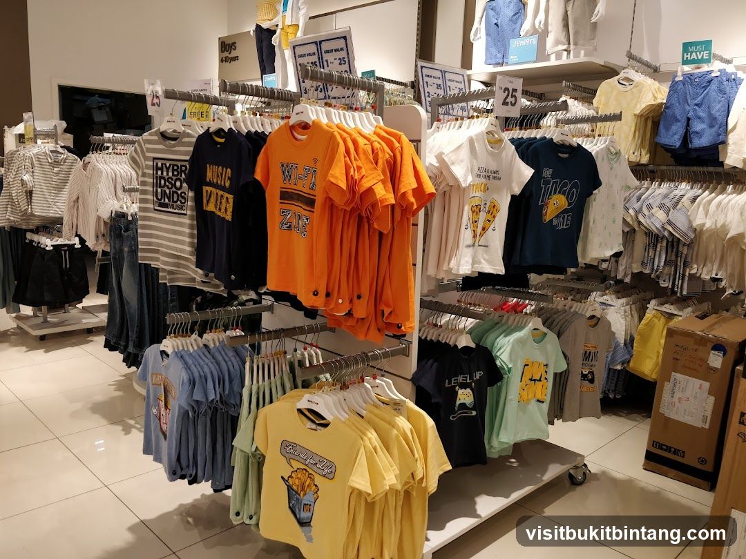 T-shirts and shorts on display in a store