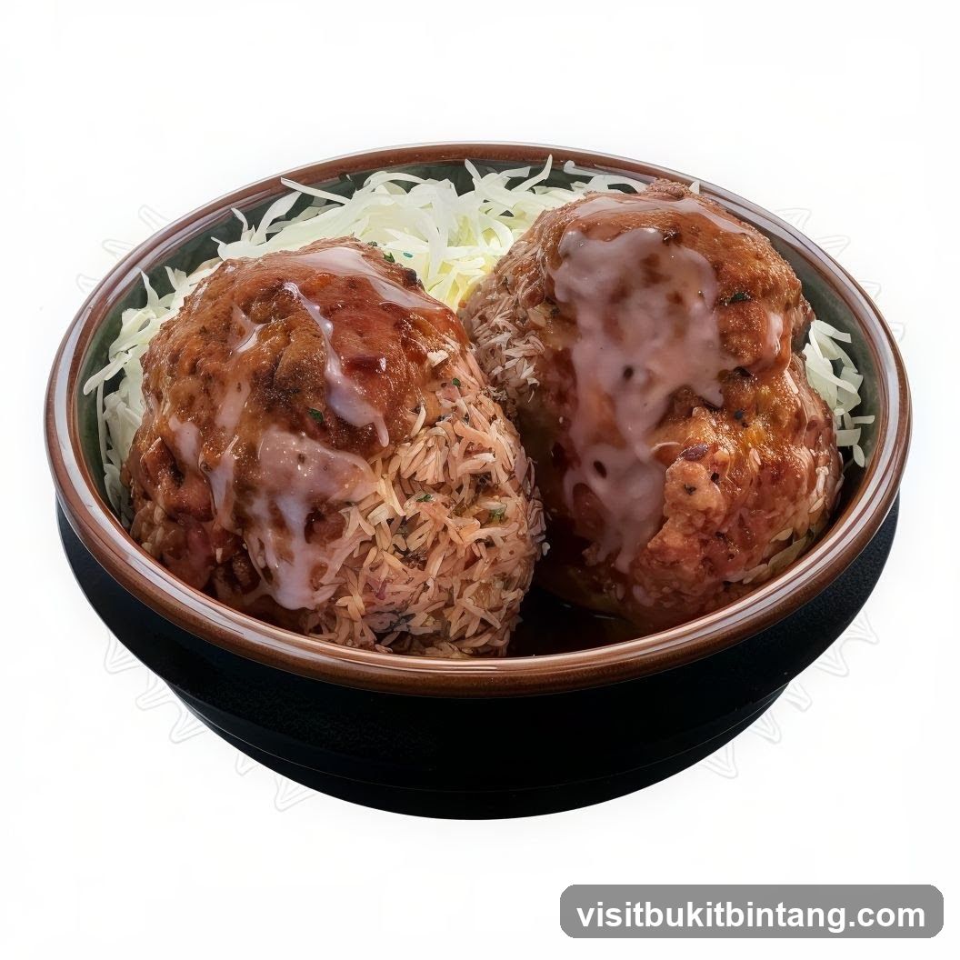 Two Meatballs with Rice and Shredded Cabbage