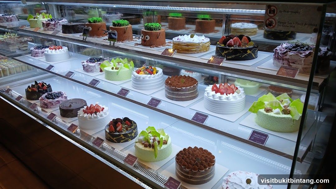 Cakes in a display case