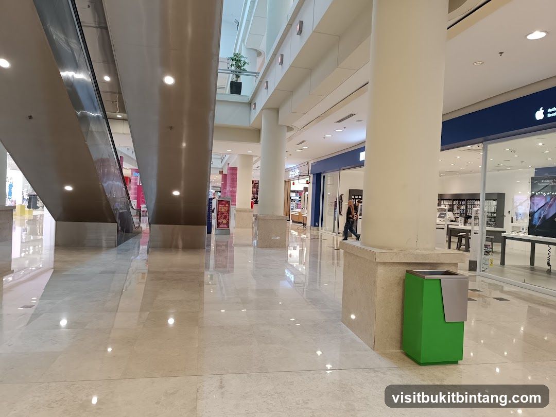 Mall Interior with Escalators and Storefronts