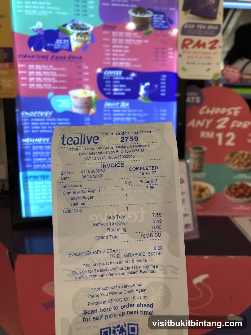 Tealive Receipt and Menu