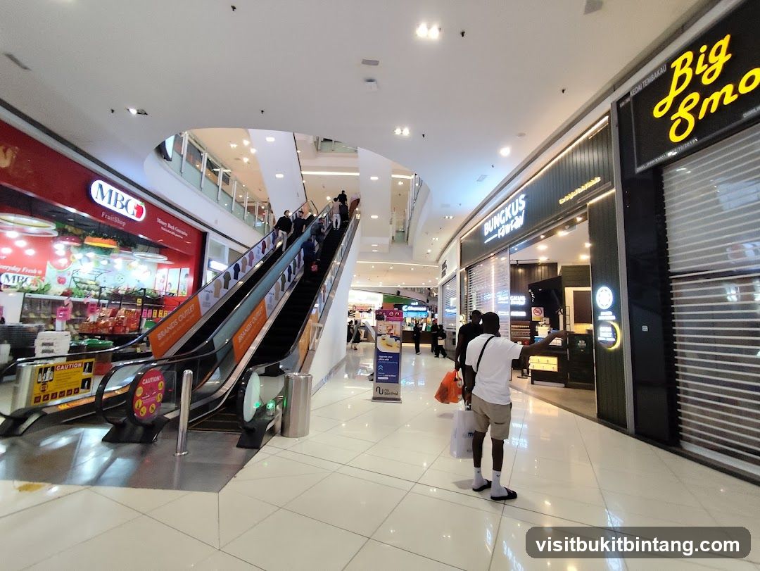 Mall Interior with Escalators and Shops