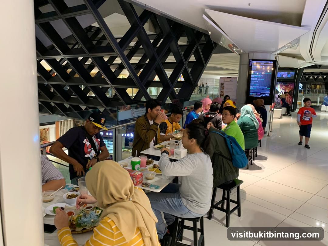 People eating at tables in a mall
