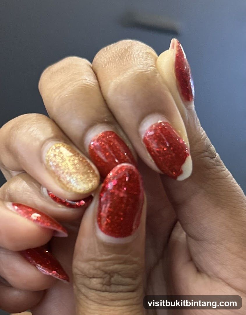 Sparkling Red and Gold Nails