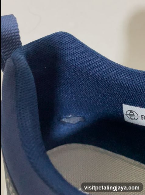 Blue shoe interior with visible damage