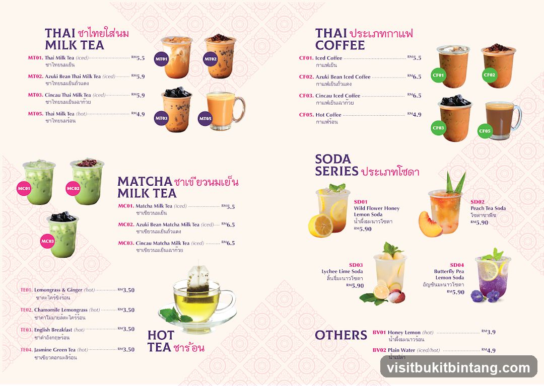 Thai Milk Tea, Matcha Milk Tea, Thai Coffee, Soda Series, Hot Tea, Others