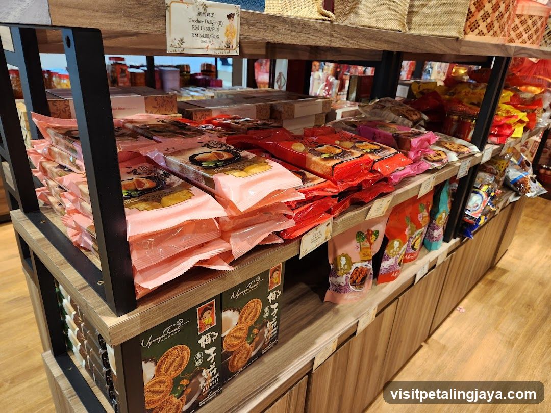 Shelf of packaged snacks and confectionery