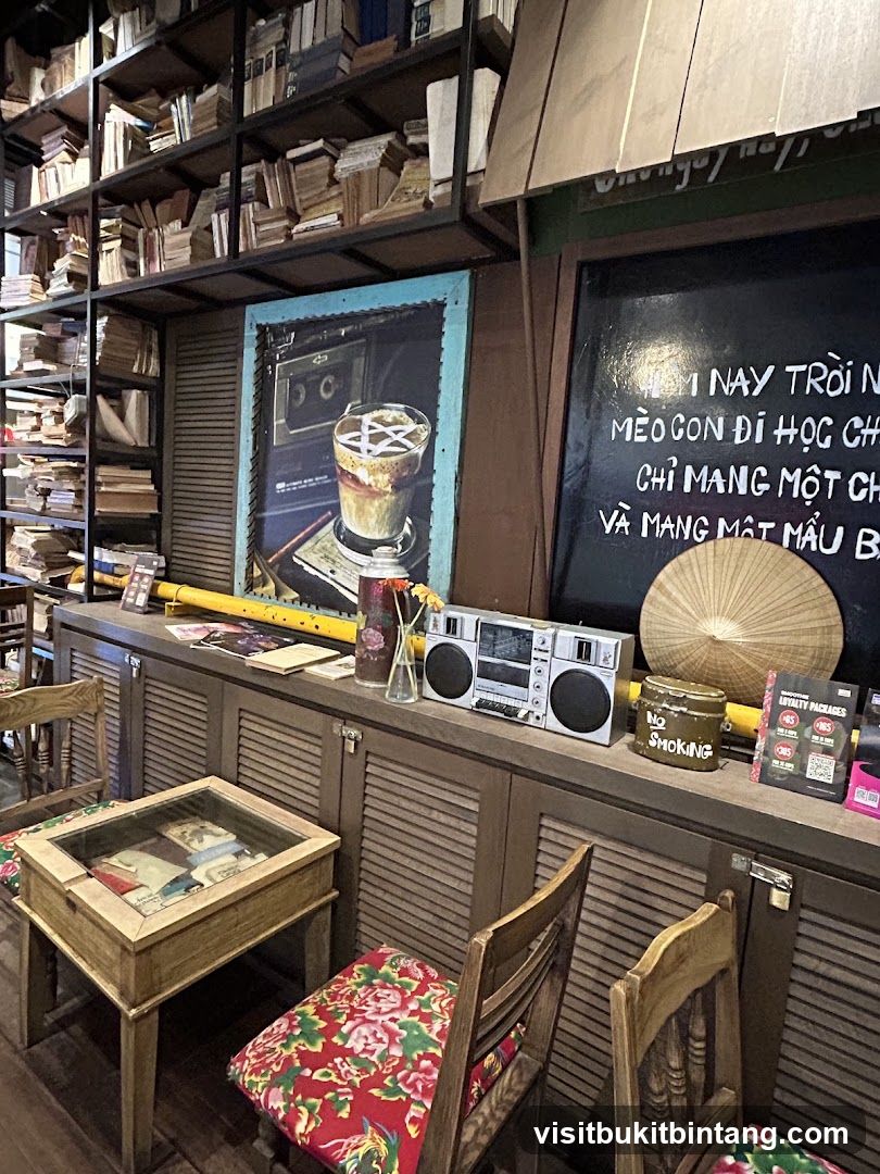 Cafe Interior with Bookshelves and Retro Decor