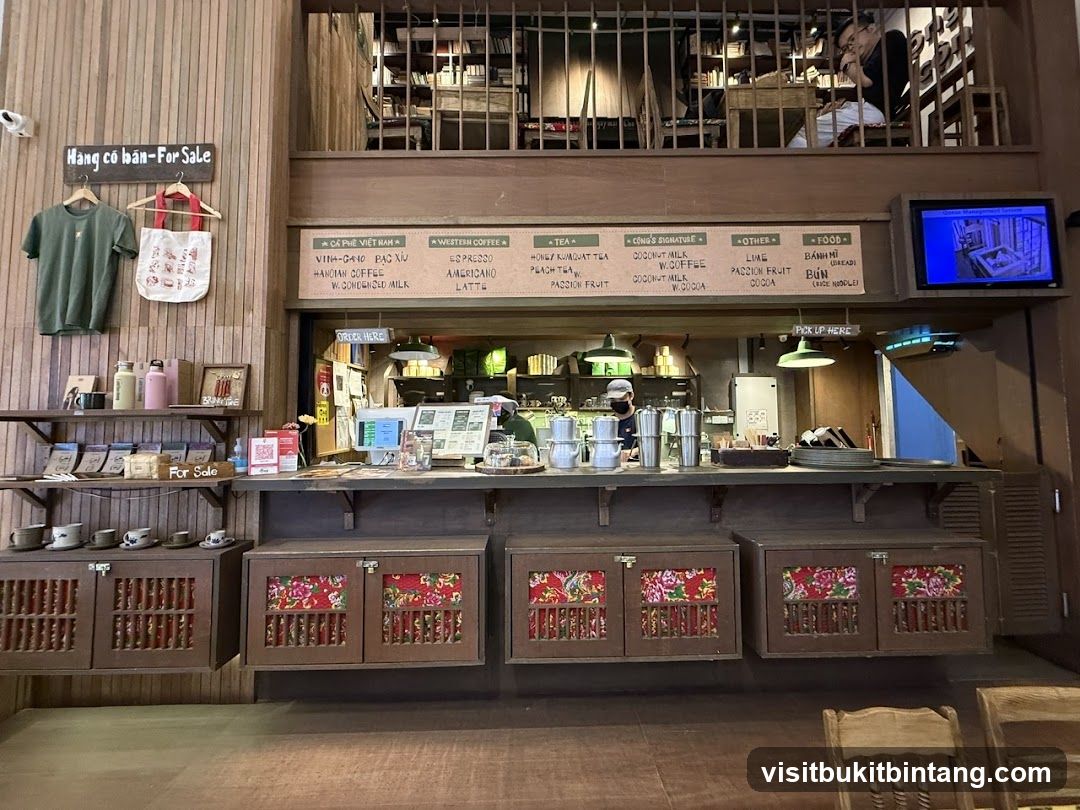 Coffee shop counter with menu and merchandise