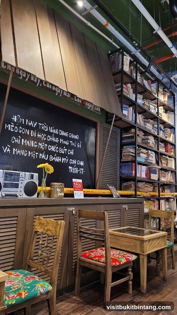 Cafe interior with bookshelves and seating