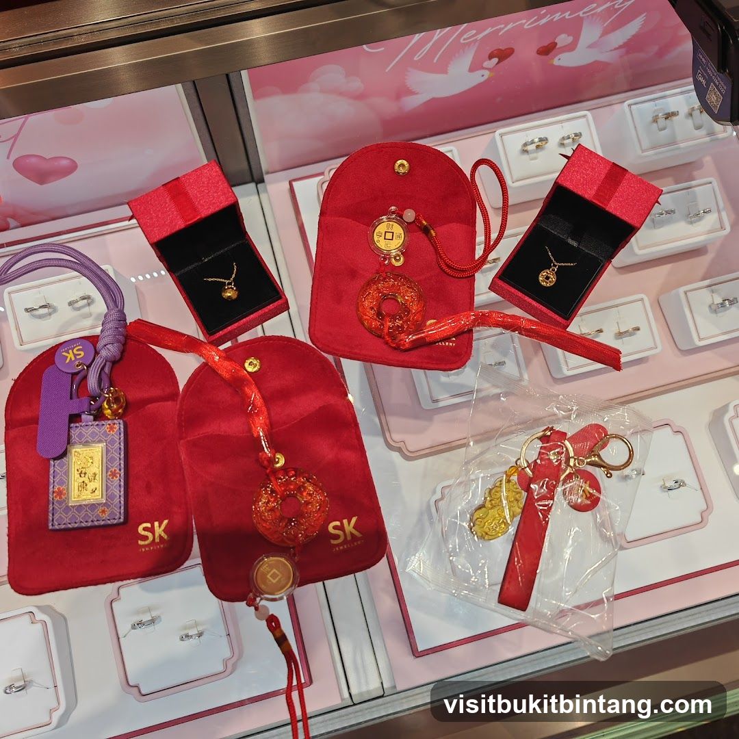 Jewelry Display with Red Pouches and Charms