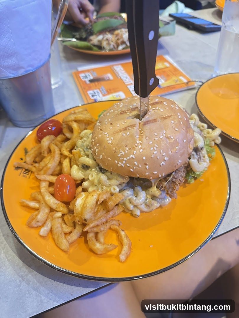 Burger with Macaroni and Cheese and Fries