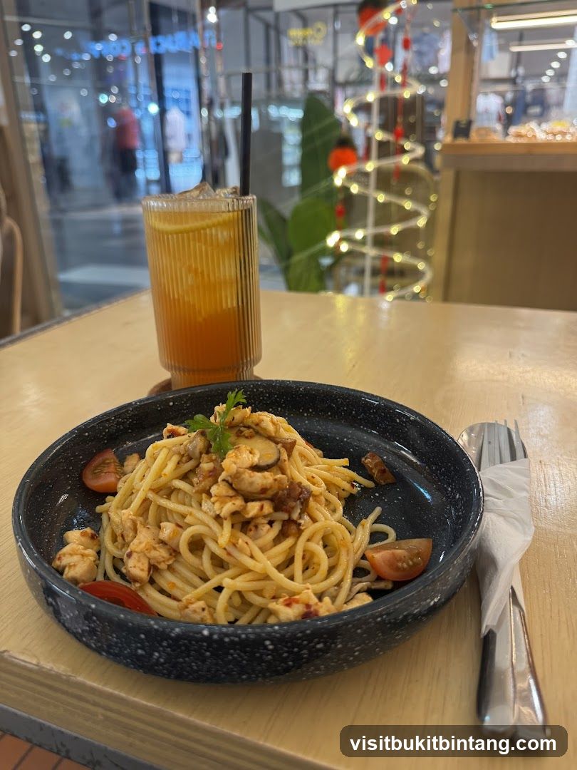 Spaghetti with Chicken and a Drink