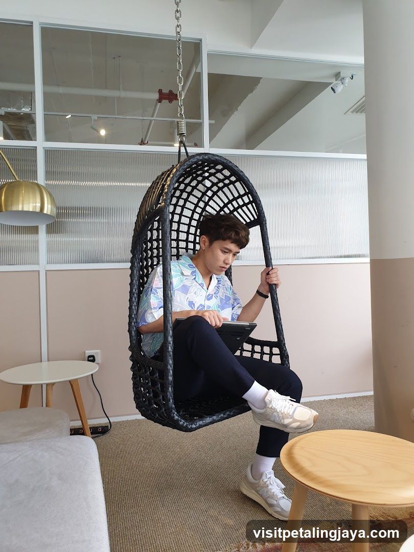 Man in Hanging Chair with Tablet