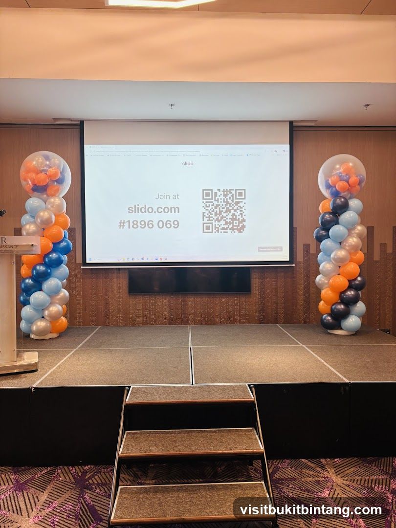 Stage with projector screen and balloons