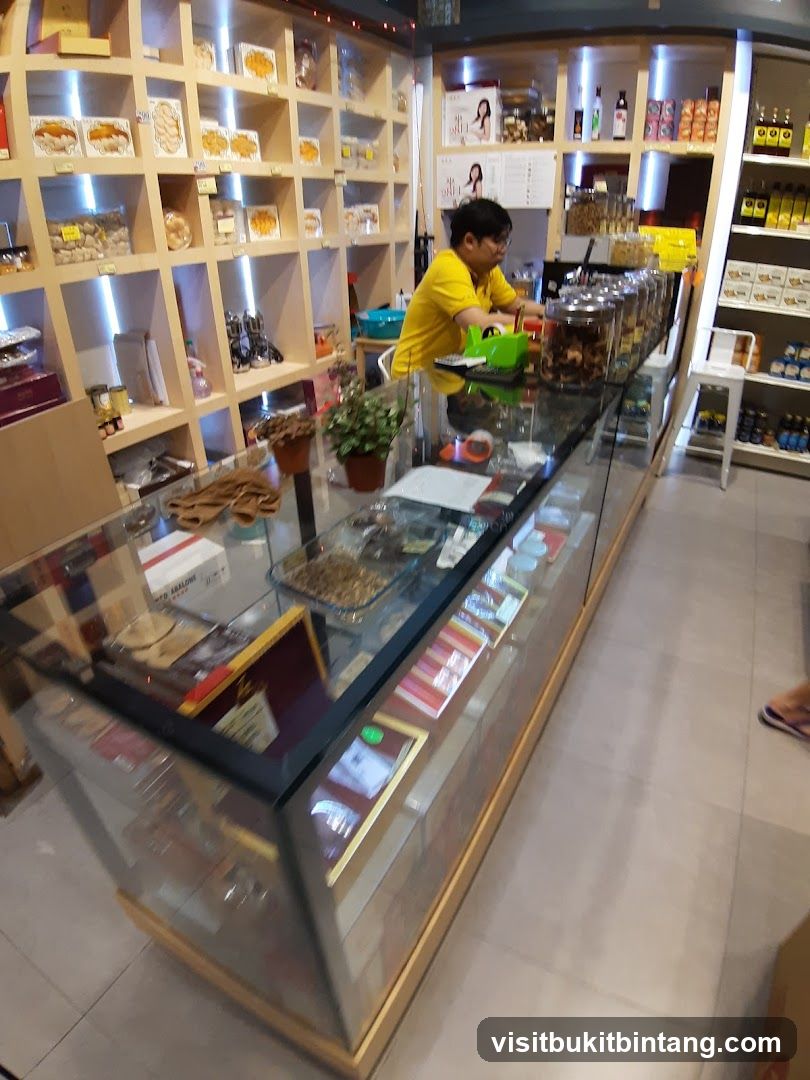 Store interior with display shelves and counter