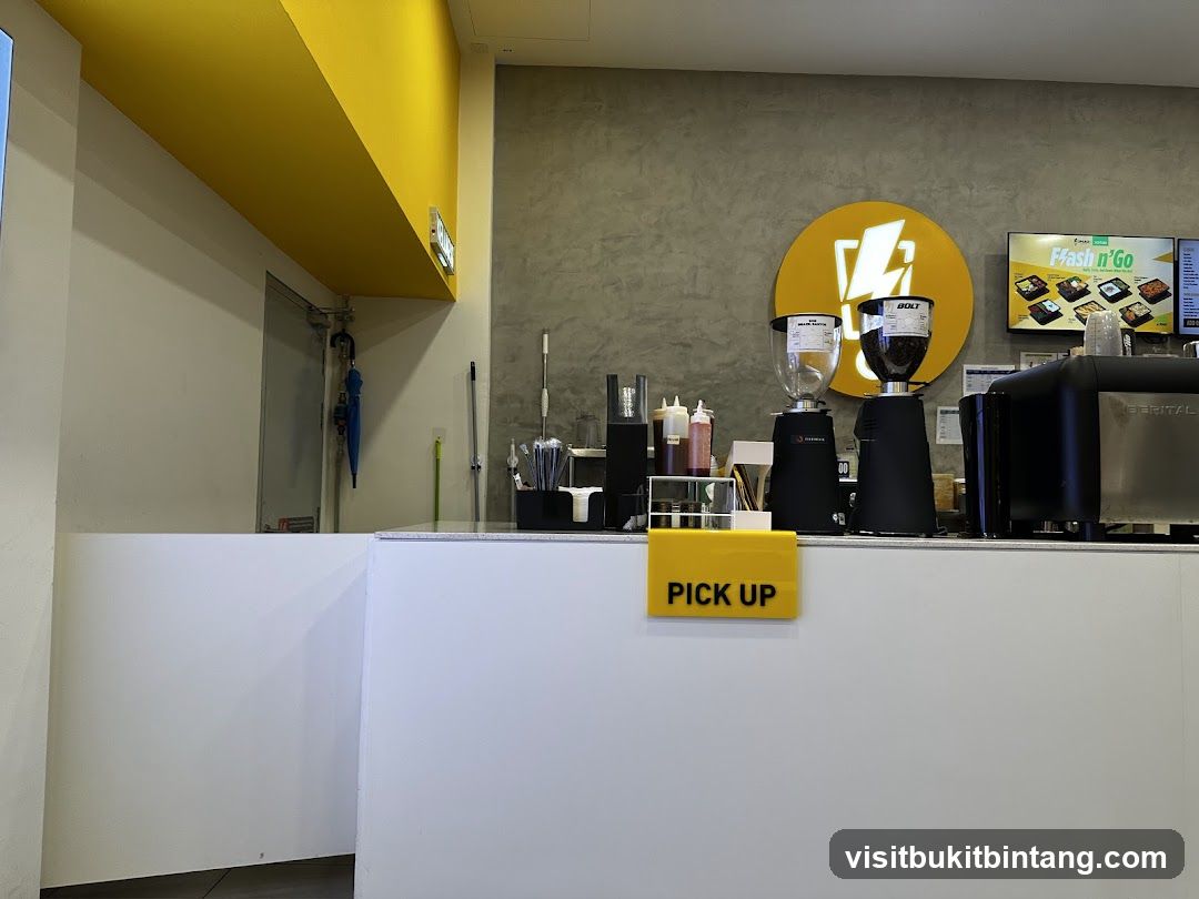 Coffee shop counter with pick-up sign