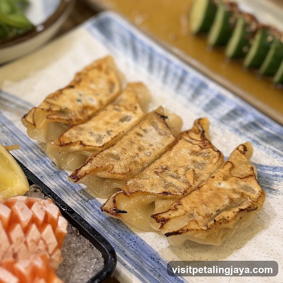 Gyoza on a plate with garnish