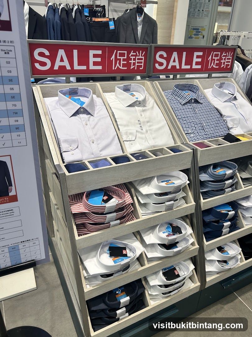 Shirts on display with sale signs