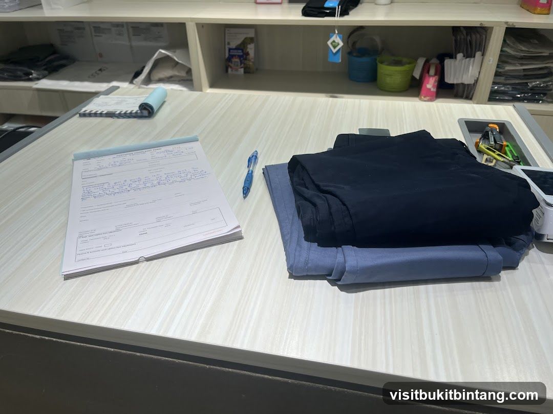 Counter with forms and folded clothes