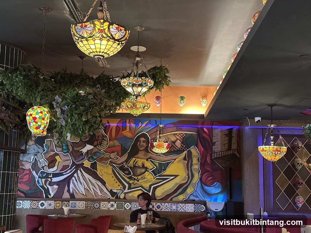 Restaurant Interior with Colorful Mural and Tiffany Lamps