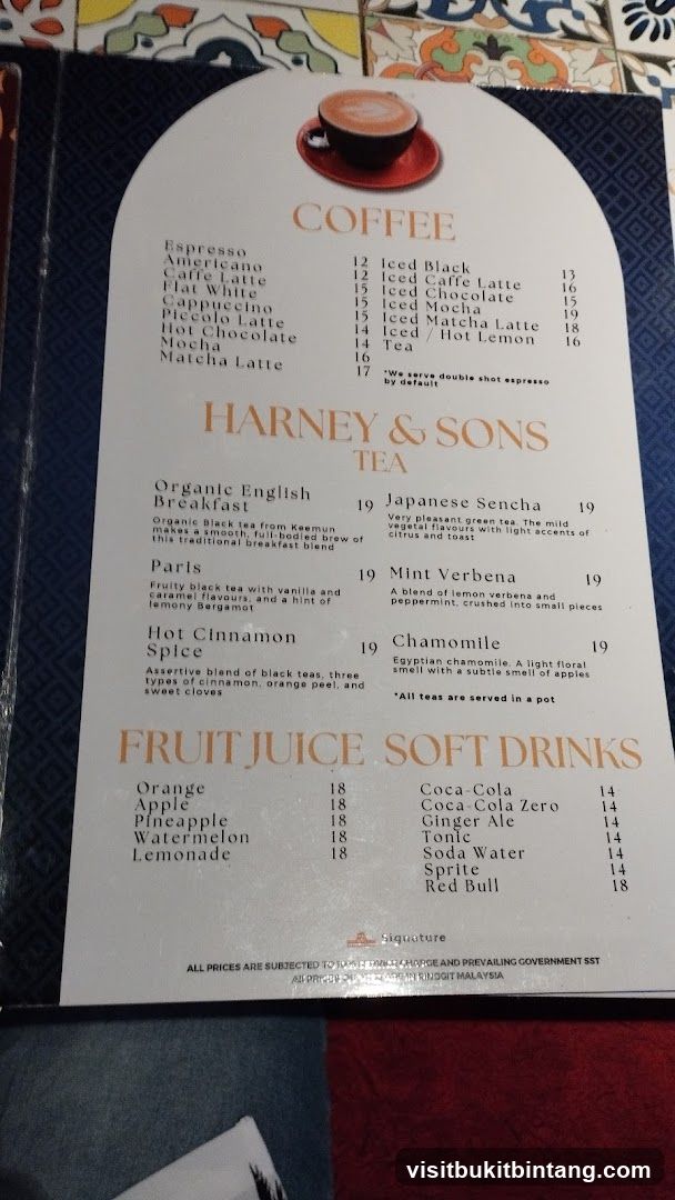 Coffee, Tea, Fruit Juice and Soft Drinks Menu