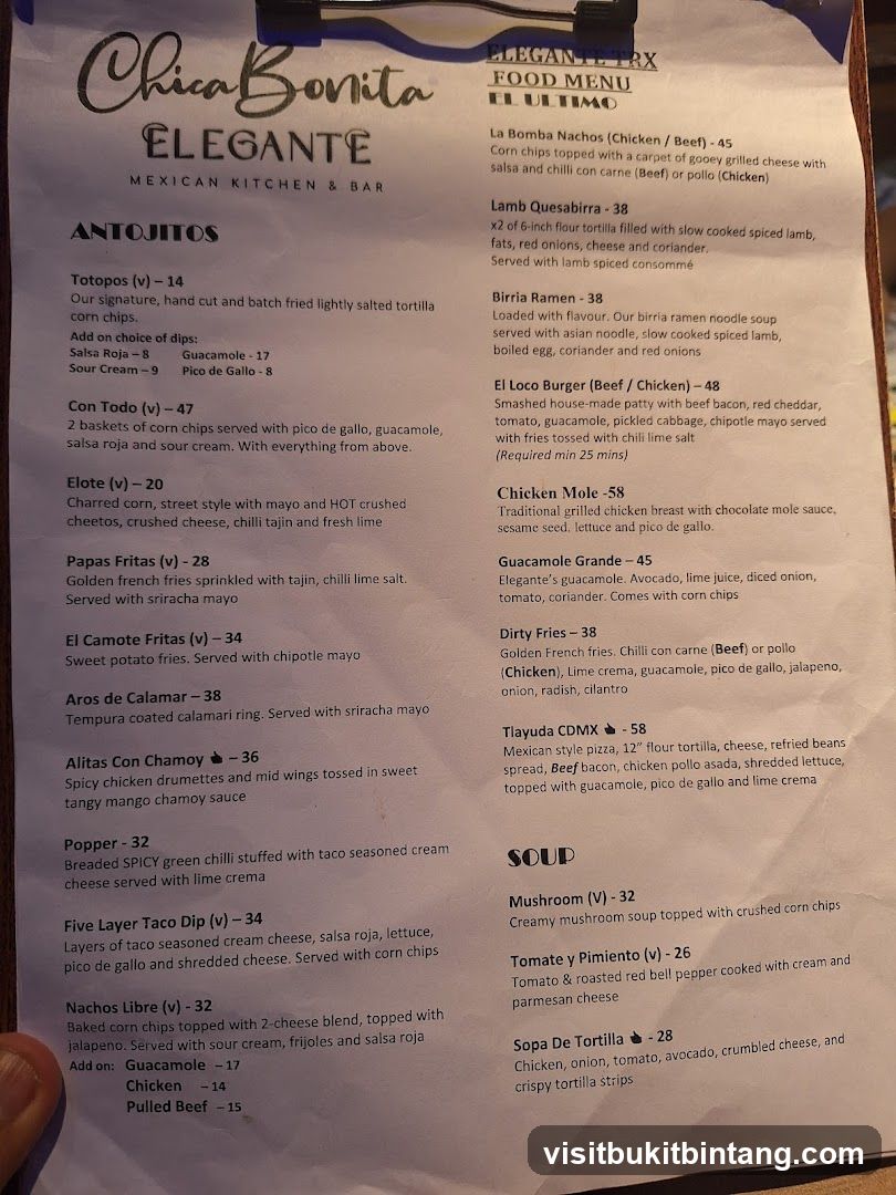 Chica Bonita Elegante Food Menu