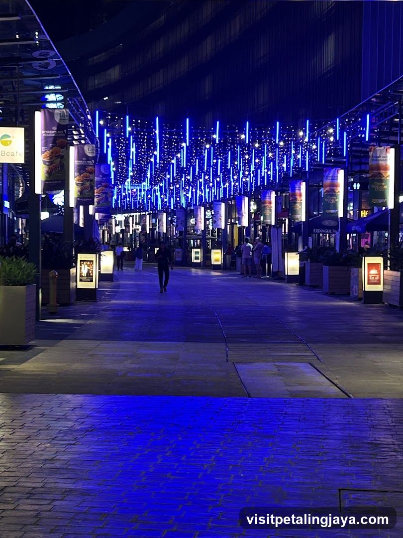 Nighttime Shopping Arcade with Blue Lighting
